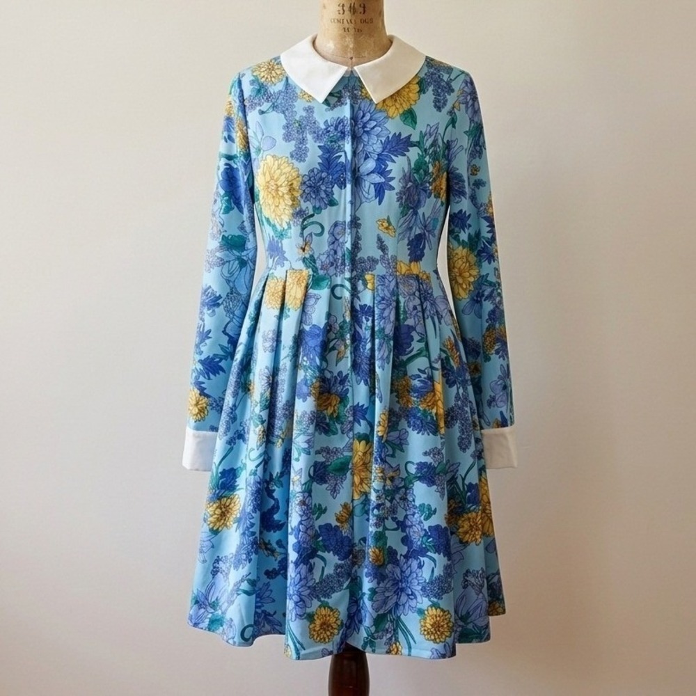 Unique Vintage‎ Light Blue Floral Peter Pan Collar Mod Babydoll Dress 60s Small